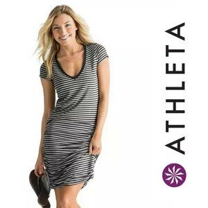 ATHLETA Tee Dress Womens XS Heathered Charcoal Gray Stripe Ruched Side 983209